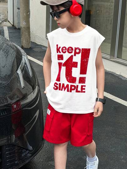 SHEIN 2pcs Kids/Tween Boys' Casual Korean Style Comfortable Fashion Minimalist Contrast Color Print Tank Top And Cargo Shorts Set, Suitable For Spider Hoodie, Zip Up Hoodie, Kids Hoodies, Kids Outfits, Toddler Boy Clothes, School, Back To School, Boys Set, Boys Outfits, Everyday Wear, School, Travel, Sports, Spring/Summer