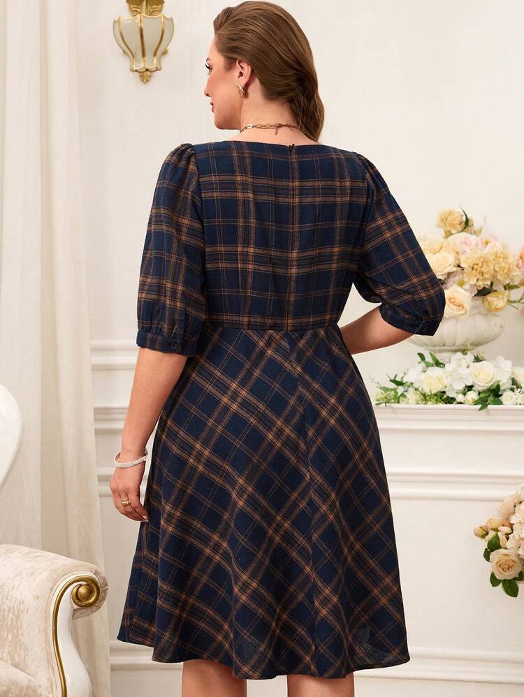 Plus Size Plaid Print Elegant Round Neck 3/4 Sleeve Dress For Summer/ Vacation Checkered Dress Half Sleeve Dress Summer Outfits Beach Outfit For Women Summer Holiday Outfits Casual Outfit For Women Plaid Dress Women