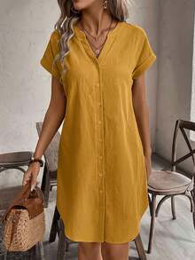 SHEIN Tall CURVE Plus Size Solid Color Notched Neck Button Front Casual Short Sleeve Dress - Yellow - View 3