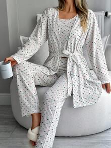 EURMUSE Conjunto de pijama de 3 piezas de algodón con estampado de corazones multicolor para uso en el hogar - Multicolor - Ver 7