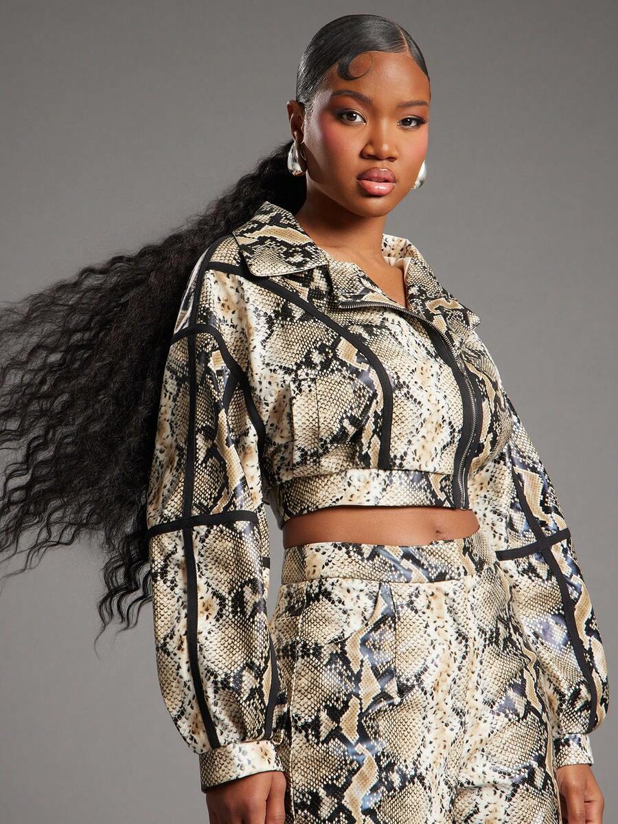 NYA SZN Ashley Jacket Long Sleeve Crop Zip Up Faux Fur Black Trim Animal Print Snakeskin Loose Festive Holiday Holiday Event Party Streetwear Carnival Outfits For Women - Multicolor - View 1