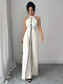 Elenzga Ladies Weave Elegant, Vacation-Style, Fashionable Summer Sleeveless Jumpsuits - Apricot - View 6