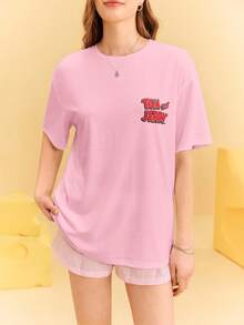 TOM & JERRY X SHEIN Women's Casual Cartoon Pattern Round Neck Short Sleeve T-Shirt, Summer - Pink - View 2