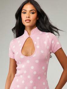 MISSGUIDED Polka Dot Sweater Dress Short Sleeve Keyhole Neckline Mini Dress Knit Bodycon Fall Winter - Pink - View 3