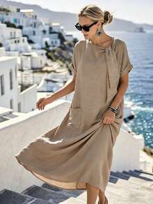 Breezaya Đầm maxi vải nhăn mới về năm 2026 - Cổ tròn, tay ngắn, vai rớt, dáng rộng với chi tiết thắt nơ, phong cách công sở tối giản, đi nghỉ mát, màu Dopamine, xanh băng, thanh lịch tự nhiên. - màu nâu - Xem 6