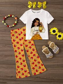 2pcs Tween Girls' Casual Cartoon Print Short Sleeve Top And Pants Set, Suitable For Summer - Multicolor - View 2