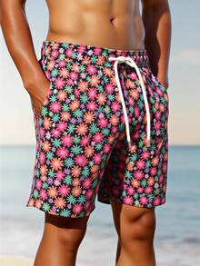 Manfinity Swimmode 男士休闲印花抽绳腰宽松沙滩短裤，带侧袋，夏季度假风男士配套泳裤，男士沙滩装，男士泳裤短裤，夏威夷黑色夏威夷风泳裤，印花泳裤，男士印花泳裤，男士配套印花短裤 - 紅色 - 查看 5