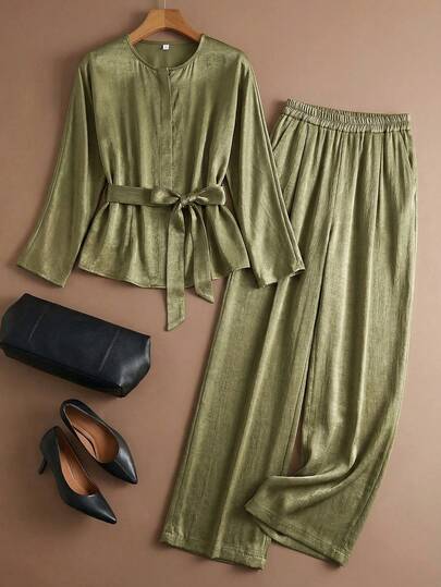 Aveloria Modichic 2pcs Set: French Retro Textured Blouse & High Waist Wide Leg Military Green Pants