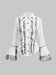 ROMWE Goth Blusa ajustada de mujer con volantes y encaje de tela de araña gótica - Blanco - Ver 1