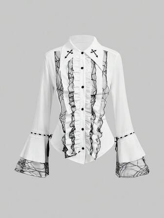 Gothic Spinnennetz Spitze Rüschen Saum Taillierte Damen Bluse