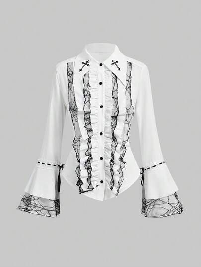 Blouse ajustée pour femme avec volants en dentelle style toile d'araignée gothique