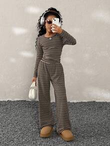 少女秋冬休闲家居服，条纹圆领长袖T恤搭配宽松条纹直筒裤，棕色条纹两件套，新年冬季圣诞节服装 - 棕色 - 查看 3