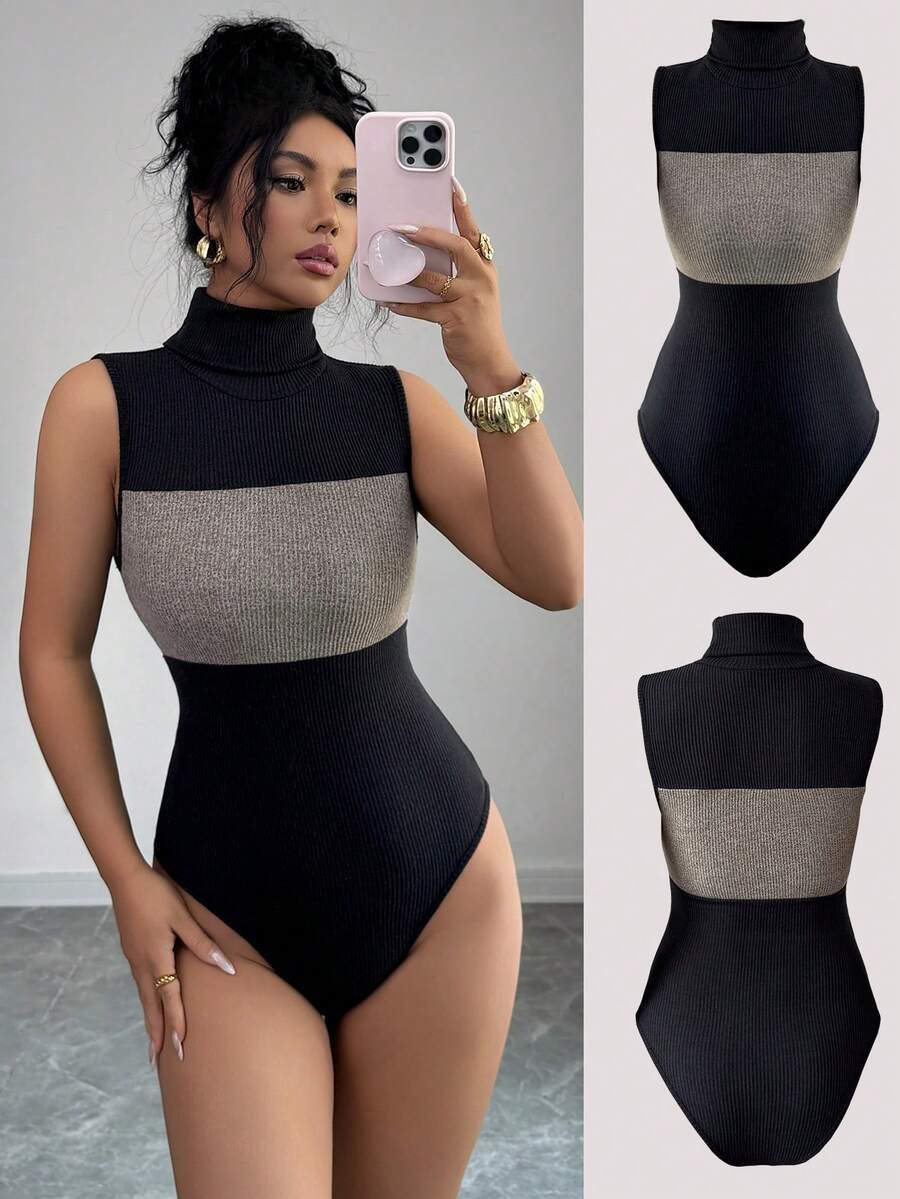 SHEIN Raffinéa بوديسوت نسائية مصنوعة من الأنماط المنسوجة الكورية ذات الياقة العالية والقطع المتناسقة بدون أكمام، مناسبة لملابس الشاطئ والعطلات والربيع/الصيف - الأسود - مشاهدة 1