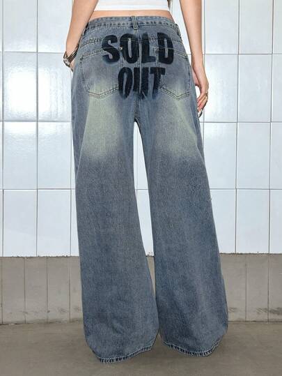 Grunge Punk Damen Lässig Bedruckte Jeans