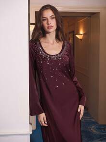 Maija 女士纯色圆领水钻装饰长袖连衣裙 - 酒紅色 - 查看 8