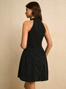 Poéselle Women's Retro Polka Dot Halter Mini Dress – Sleeveless High-Neck Fit-&-Flare Skater Style For Summer Parties & Date Nights Polka Dot Dress, Halter Neck Dress, Fit And Flare Dress, Little Black Dress, Summer Party Outfit, Retro Style Fashion Polka Dot Print Casual Sleeveless Dress Summer Dress Valentines Day Dress Beach Dress Elegant Party Dress  Wedding Guest Dress For Women Black Dress