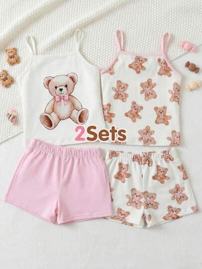 SHEIN Playful Pals 女婴卡通熊印花无袖休闲夏季背心套装