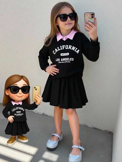 Elladie kids 2pcs Tween GirlsAmerican College Sports Style Numeric Print Sweatshirt And Skirt Set, Suitable For Sports And Casual Wear, Spring, Autumn, Early Winter