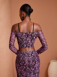 JIAN LASALA All-Over Print Lace Spaghetti Straps Off-Shoulder O-Ring Fitted Top Women Spring Summer - Multicolor - View 2