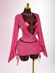 Amplova Women's Sexy 2 Pieces Set, Suitable For Party, Long Sleeve Top With Bra Cup And Mini Skirt, Autumn/Winter Hot Pink Outfit Women Pink 2 Piece Set Pink Club Dress - Hot Pink - View 7