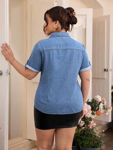 EMERY ROSE Áo thun denim tay ngắn dáng suông cổ ve cho nữ cỡ lớn, đa năng, thích hợp mặc đi làm. - Rửa nhẹ - Xem 2