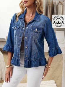 EMERY ROSE Plus Size Solid Color Front Button Ruffle Hem Casual Denim Jacket Blue Jean Jacket Women Denim Jackets For Women Jean Shirt Denim Tops Plus Size Denim Jackets - Blue - View 7