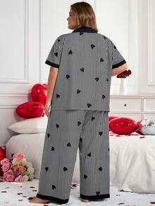 SHEIN CURVE+ CURVE PLUS /Valentine's Day/Plus Size Women Striped Print Shirt And Pants Set, Versatile Outfitfall Clothes For Women,Winter,CURVE PLUS - Multicolor - View 2