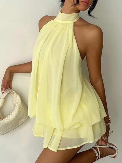 SHEIN Elegant Party Solid Color Backless Halter Neck Dress For Teen Girls