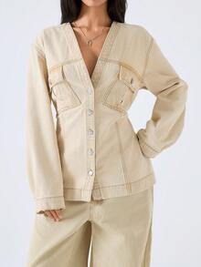 LYSMO 2026新款极简主义春夏女式V领长袖单排扣休闲牛仔衬衫/春季女装/春假/情人节/女士情人节/情人节/女士生日/生日/女士外出上衣/女士休闲衬衫/女士度假/Y2K/2000年代风格 - 杏色 - 查看 4