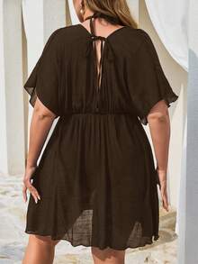 Swim Lushoire 大码女式纯色沙滩罩衫连衣裙，夏季休闲基础款 - 咖啡棕 - 查看 2