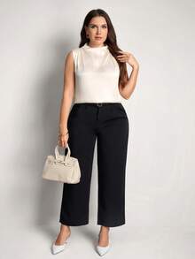 Comfylo 大码女式纯色立领优雅白色办公室情人节度假衬衫 - 杏色 - 查看 5