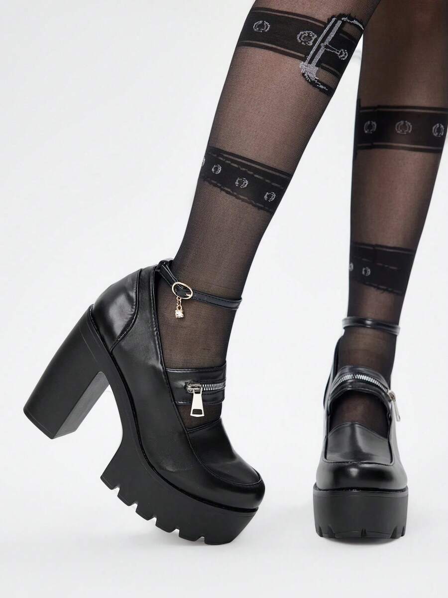 ROMWE Zapatos de tacón alto con diseño de hebilla y suela gruesa, adecuados para ocasiones de fiesta - Negro - Ver 1