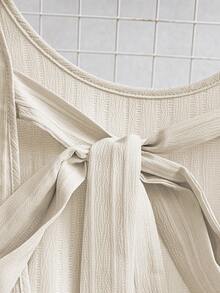 SHEIN Clasi 女士夏季梭织无袖圆领露背系带A字荷叶边下摆休闲迷你连衣裙 - 杏色 - 查看 6