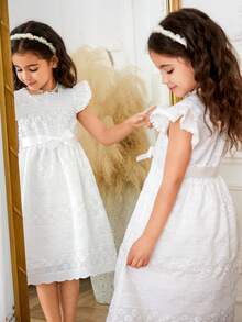 1件女童白色梭织刺绣面料方领荷叶边短袖松紧腰带中长连衣裙，简约百搭可爱田园风公主裙 - 米色 - 查看 1