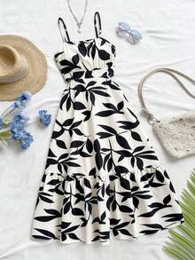 SHEIN ChillGRL Streecool 少女梭织印花优雅收腰吊带连衣裙，露背设计，适合春夏日常休闲穿着 - 彩色 - 查看 5