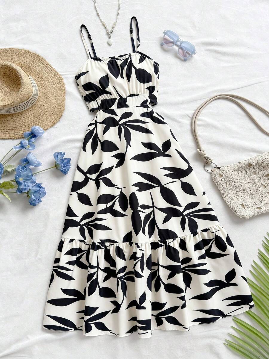 SHEIN ChillGRL Streecool Teen Girls Woven Allover Print Elegant Waist Cinched Camisole Dress With Cutout Back Design, Suitable For Casual Daily Wear In Spring/Summer - Multicolor - View 1