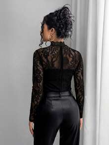 Rafferiza Women's Elegant Lace Sheer Sexy Long Sleeve Fitted T-Shirt - Black - View 2