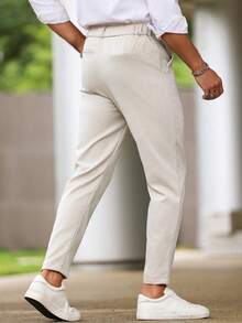 Manfinity Homme Men's Solid Color Slant Pocket Button Casual Pants Men Dress Pants Men's Trousers Men High Waisted Pants Men Beige Pants Men Slim Fit Pants,Boyfriend's Gift - Beige - View 2