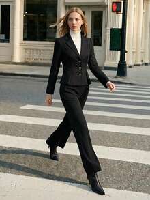 Lumivelle 女士休闲简约心形金属纽扣细腰西装外套 - 黑色 - 查看 1