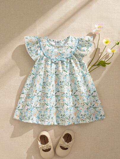 Souflis Souflis 女宝宝夏季新款条纹樱桃印花荷叶袖荷叶领红色滚边蝴蝶结装饰后襟简约时尚公主裙