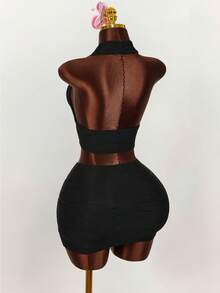 Amplova 2025新款休闲性感派对度假返校V领无袖露脐上衣和百褶迷你裙两件套女装 - 黑色 - 查看 7