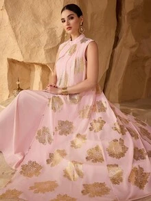 Al Najma 女士优雅浪漫粉金箔大花朵立领无袖宽松连衣裙 - 粉色 - 查看 1