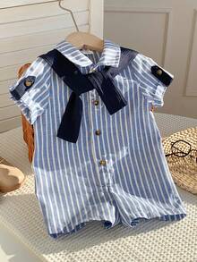 SHEIN 2件套新生男宝宝休闲度假藏蓝色条纹连体衣套装，含披肩，适合生日派对、锐舞派对、晚宴、演出、婚礼、迎婴派对、洗礼和一周岁生日庆祝活动。 - 彩色 - 查看 7