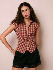 Easelle Women's Stylish Plaid Sleeveless Shirt, Suitable For Commuting And Summer Wear. Red Plaid Top And Shirt For Valentine's Day 2026. - Burgundy - View 3
