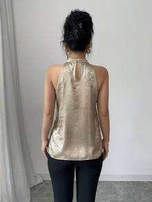 SHEIN PETITE Women's Elegant Sleeveless High Collar Gold Blouse, Suitable For Spring/Summer Outings - Gold - View 2