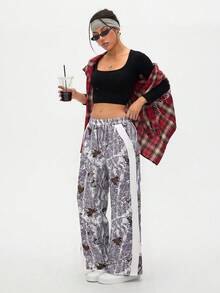 SHEIN LUNE Women's Casual Girlisim Loose Fit Maple Leaf Print Pocket Palazzo Pants, Autumn Golf Pastal - Multicolor - View 7