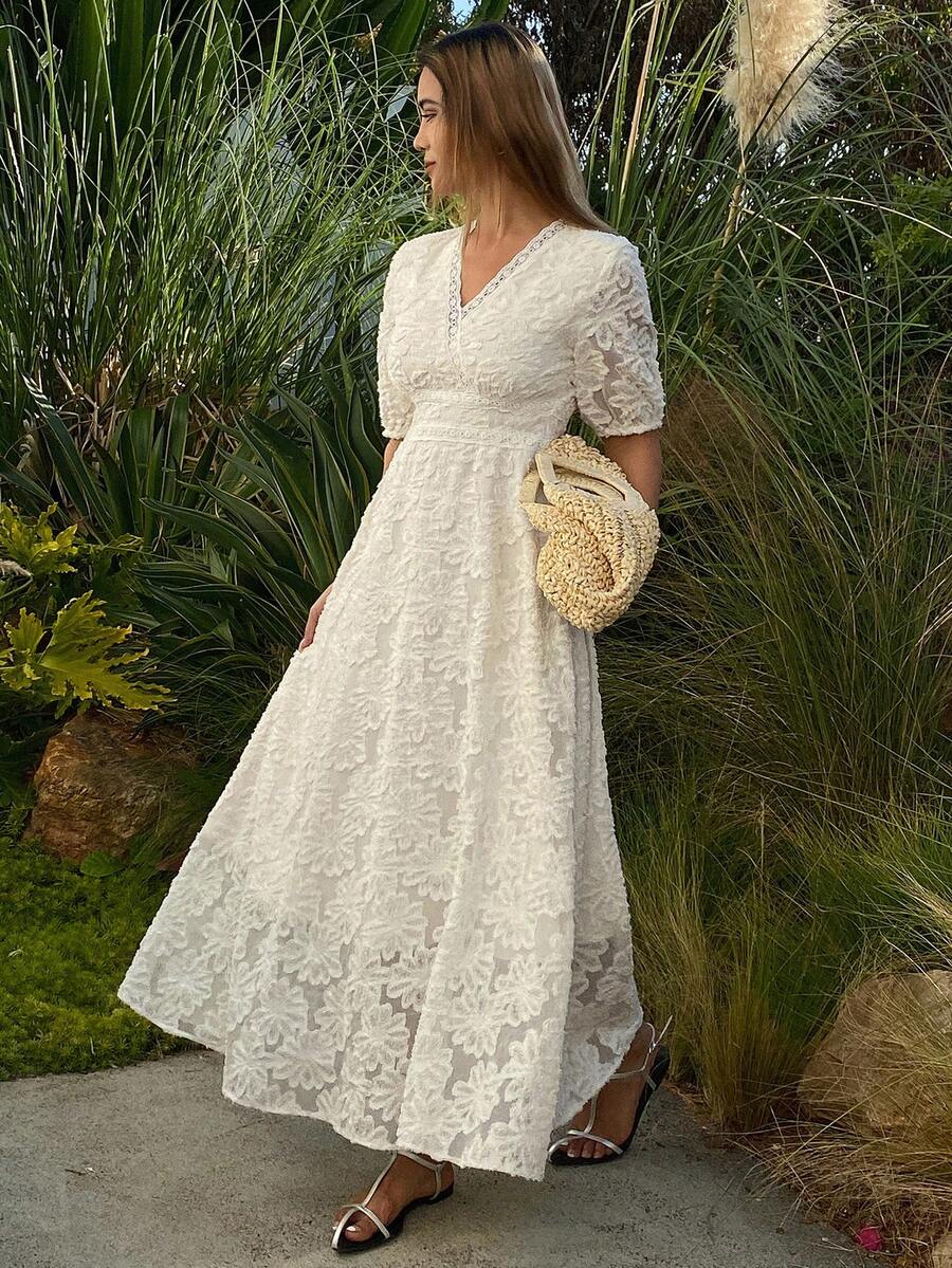 DAZY Textured Lace V-Neck Puff Sleeve Mid-Length Dress For Women Spring - White - View 1