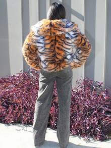 Steph T 女式虎纹仿毛领长袖夹克，秋冬 - 彩色 - 查看 2