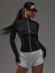 Dewbera Black Casual Versatile White Stripe Slim Fit Zipper Thumb Hole Yoga Sports Fitness Chic Autumn Jacket - Black - View 6