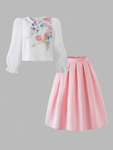 2pcs/Set Tween Girls Fresh & Sweet Style White Blouse + Pink Mini Skirt Outfit, Suitable For Vacation, Campus, Commute, Casual Wear, Youthful & Fashionable - Multicolor - View 2